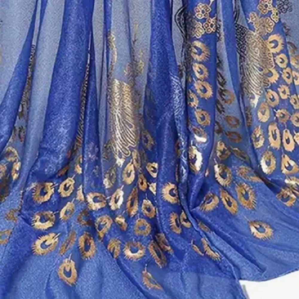 Cobalt Blue Golden Peacock Sheer Rectangular Scarf